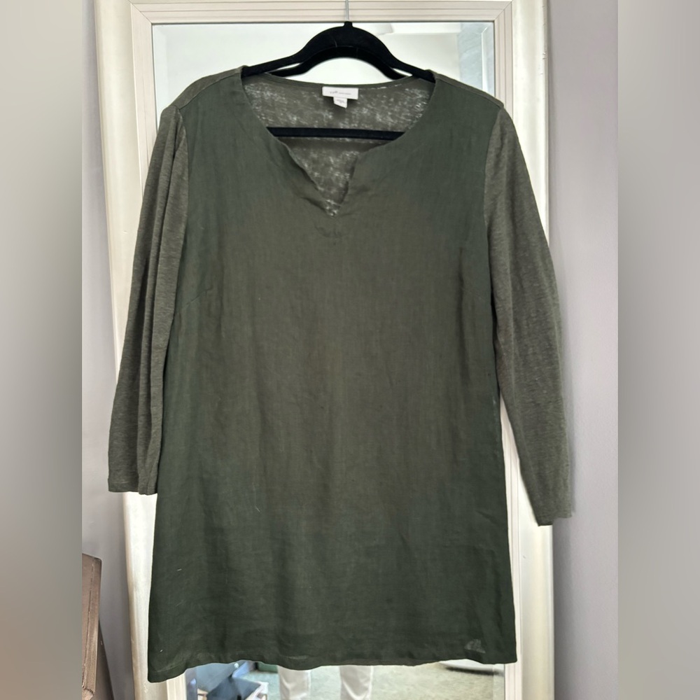 J Jill Love Linen Forest Green V Notch Neck Tunic Length Top Lk New Size Medium